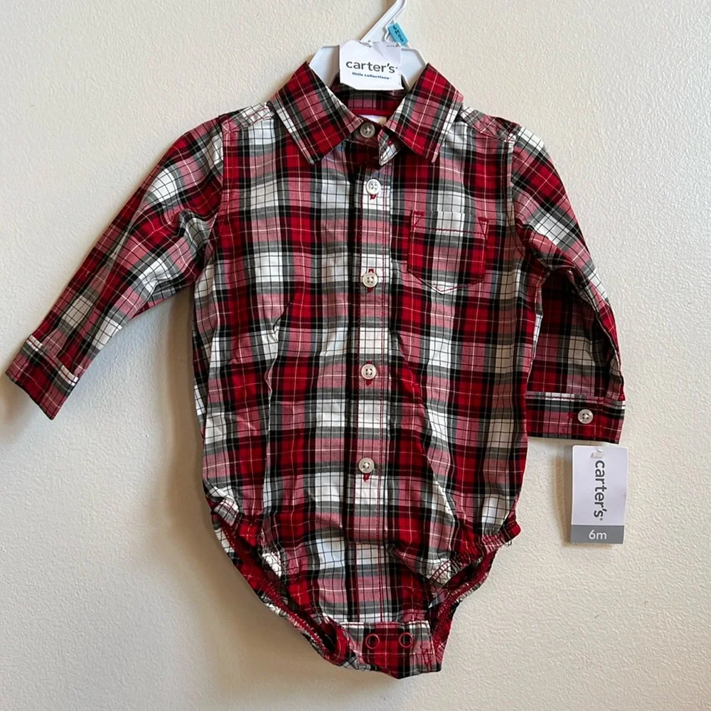 Disney & Carters 3-6 month NWT plaid shirt and romper bundle with socks